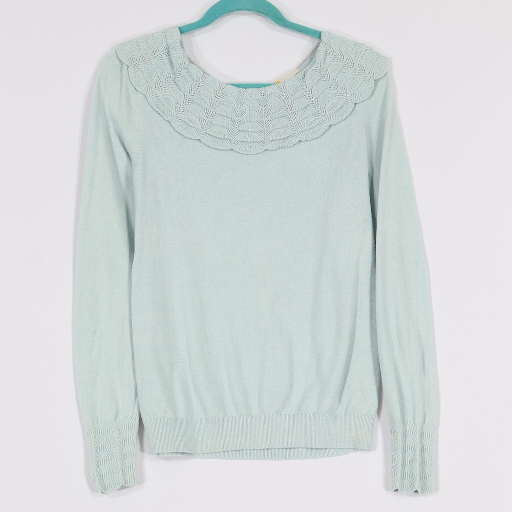 Boden Scalloped Collar Sweater Women 8 Blue Crochet Bow Back Twee Cottagecore